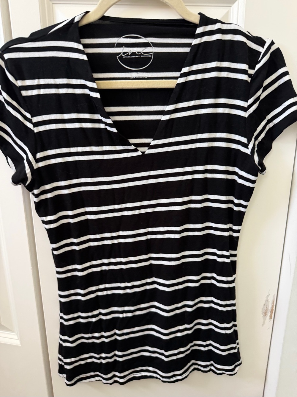 Black & White Striped V-Neck Women's Top